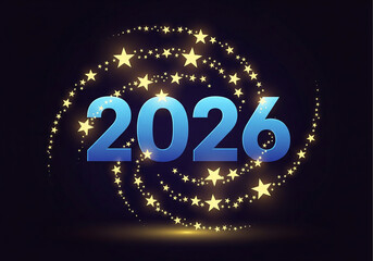 Bright star trails swirl around the year 2026, symbolizing new beginnings and celebration.