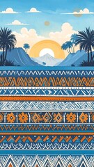Sunrise landscape with repeating tribal patterns