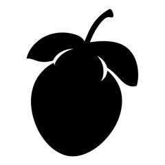 Fototapeta premium Silhouette of a fruit with leaves-A black silhouette illustration of a fruit with a stem and two leaves, set against a white background. The design is bold, minimalistic, and stylized, suitable as an 