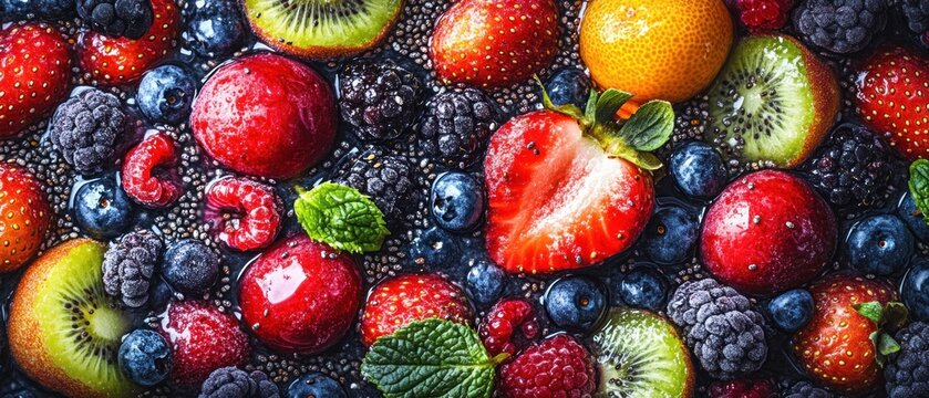 Colorful mixed berry chia seed pudding overhead closeup