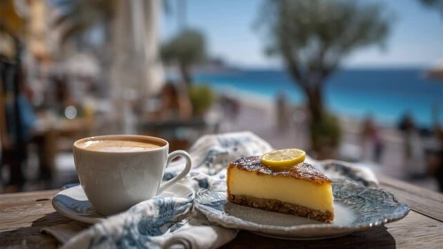 Experience the charm of Nice, France with a seaside caf&eacute; setting featuring a citron tart and caf&eacute; au lait, enhanced by a gentle sea breeze.