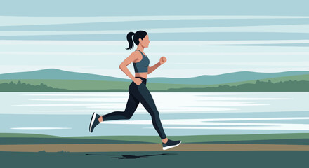 Fototapeta premium Woman Jogging by the Lake in the Morning: Fitness and Healthy Lifestyle Concept