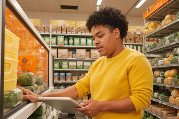 Black man checking inventory with digital tablet in grocery store, standing near refrigerated section and examining green bell peppers on shelf, focused on task