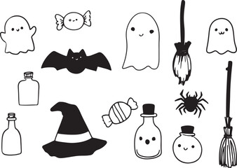 set of cartoon doodle black line art of Halloween clipart