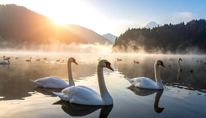 Swans on a misty mountain lake at sunrise