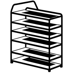 Black silhouette of a multi tiered shoe rack with six shelves isolated on white background