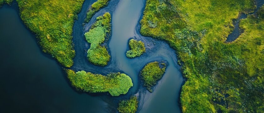 Aerial view of winding waterway and lush green vegetation
