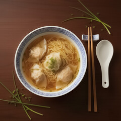 Classic Hong Kong Wonton Noodle Soup - Elegant Overhead Shot