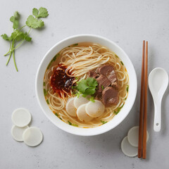Lanzhou Beef Noodle Soup with Clear Broth - Minimalist Top View