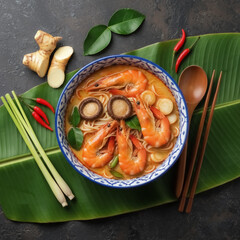 Spicy Thai Tom Yum Goong Noodle Soup with Prawns, Overhead View