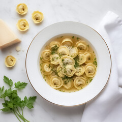 Gourmet Italian Tortellini in Brodo Soup - Elegant Top-Down View