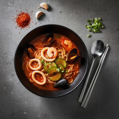 Spicy Thai Tom Yum Goong Noodle Soup with Prawns, Overhead View