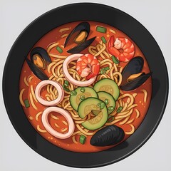 Spicy Thai Tom Yum Goong Noodle Soup with Prawns, Overhead View