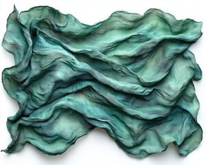 Textured teal silk draped on white background
