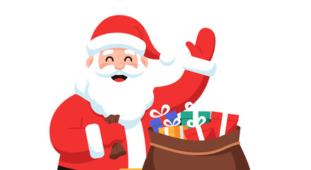 Illustration of santa claus waving with a bag full of christmas presents beside him