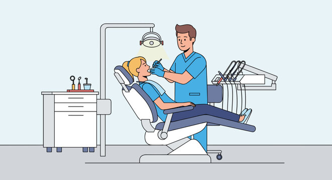 Dentist examining patient in chair with tools and light in a dental office setting
