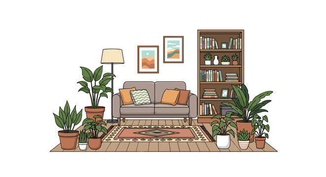 Illustration of a cozy living room with sofa, bookcase and potted plants aplenty