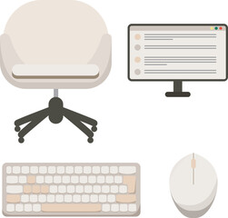 Office graphics: computer, chair, mouse, keyboard. White sleek modern design 