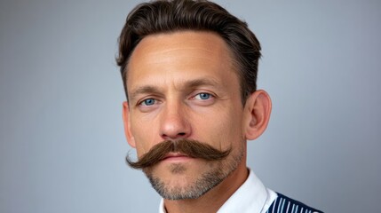 Obraz premium Man with a mustache and a blue shirt. He is smiling and looking at the camera. The image has a casual and friendly vibe