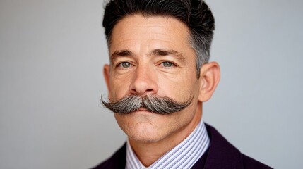 Man with a mustache is wearing a suit and tie. He has a serious expression on his face