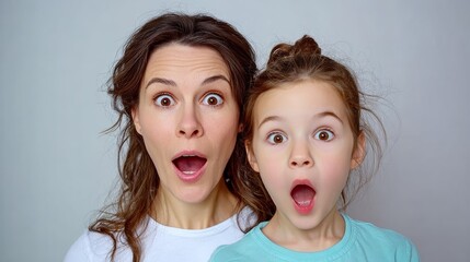 Woman and a little girl are standing next to each other, both with wide open mouths. The woman is looking at the camera, while the girl is looking away