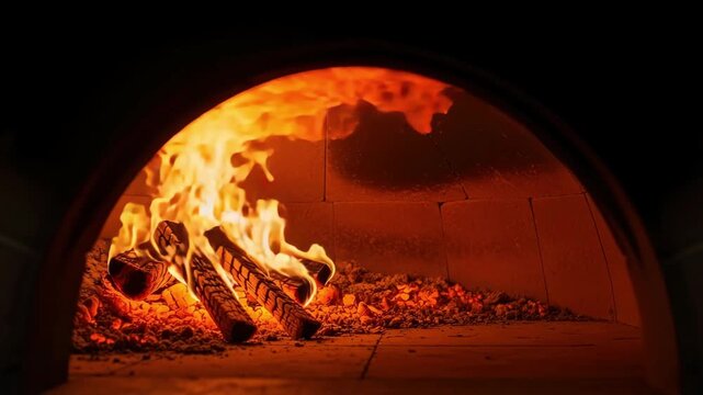 Warm Wood Fire Burning in Brick Oven:  Authentic Italian Pizza Oven Flames