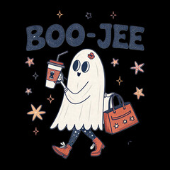 Cute ghost character walking with a coffee and handbag isolated on transparent background