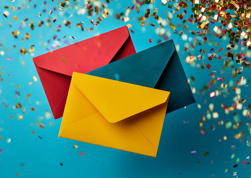 envelope and colorful envelopes on a light blue background. holiday celebration. christmas and new year concept - Powered by Adobe