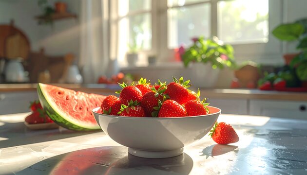 Fresh strawberries in a bowl, sunny kitchen