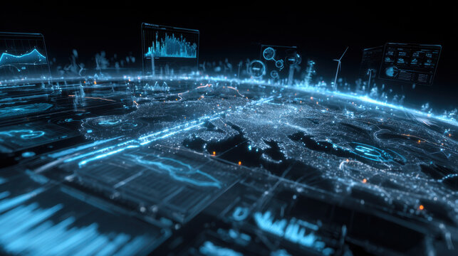 Connected digital world with holographic interface and data overlays for futuristic technology scenes use
