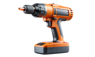 Orange and black cordless power drill with battery pack isolated on transparent background