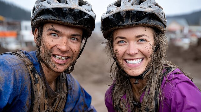 Two people wearing helmets and smiling in a muddy area. The man is wearing a blue shirt and the woman is wearing a purple shirt