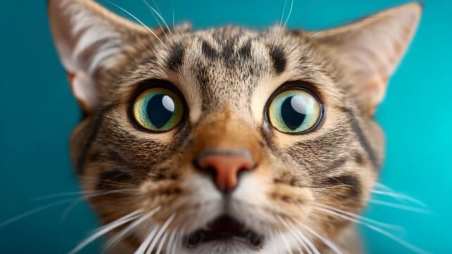 Tabby cat's face with wide eyes on blue. Detailed fur and features