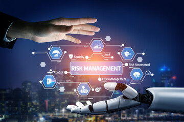 A visual representation of risk management showcasing collaboration between a human hand and a robotic hand. The image features modern technology elements and urban backdrop. Tessel