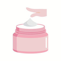 Cute flat SVG of a moisturizer jar with hand applying cream, minimalist pastel design, isolated on white background, modern skincare icon