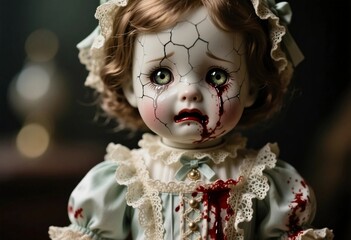A haunting doll dressed in a blue vintage outfit stands out with cracked porcelain skin and red stains. Perfect for adding a spooky touch to holiday decorations Generative AI