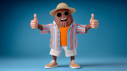 Cartoon character with sunglasses and a straw hat is giving a thumbs up. The character is wearing a striped shirt and shorts, and he is in a beach or tropical setting