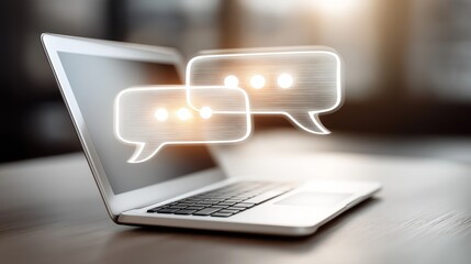 Laptop with glowing holographic chat bubbles representing digital communication technology online conversations and futuristic connection, Generative AI