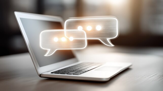 Laptop with glowing holographic chat bubbles representing digital communication technology online conversations and futuristic connection, Generative AI