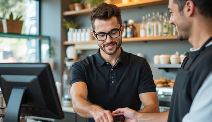 Young waiter with glasses serves customer at cafe cash point using POS terminal. Barista checks payment receipt. Hospitality staff at coffee shop till, modern job, business assistance.