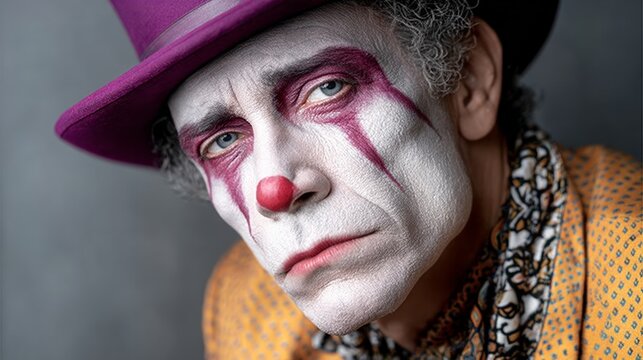 Man with a clown makeup and a purple hat. He looks sad and is looking at the camera