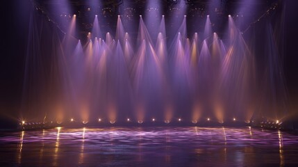 Dramatic stage lighting with purple and orange beams creates an immersive atmosphere for performance