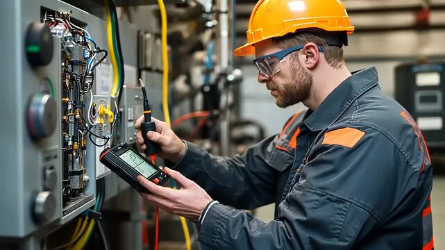 Technician in safety gear examining electrical equipment with a multimeter in a factory setting