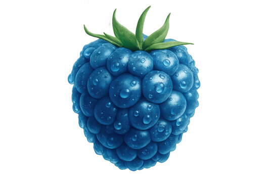 Close-up of a vibrant blue raspberry glistening with water droplets, set against a transparent background