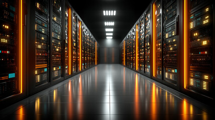 High-tech server room corridor, endless rows of glowing LED servers, polished reflective floor, cinematic depth