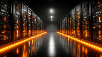 High-tech server room corridor, endless rows of glowing LED servers, polished reflective floor, cinematic depth