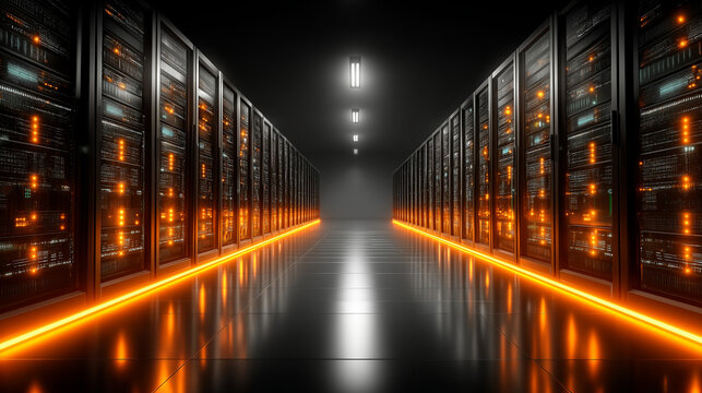 High-tech server room corridor, endless rows of glowing LED servers, polished reflective floor, cinematic depth - Powered by Adobe