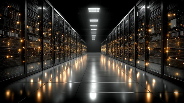 High-tech server room corridor, endless rows of glowing LED servers, polished reflective floor, cinematic depth