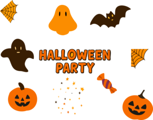 a festive Halloween party design featuring pumpkins, ghosts, bats, candy, spider webs, and stars surrounding the bold orange text “Halloween Party.”