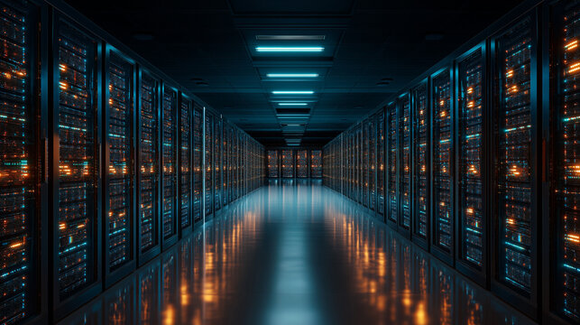 High-tech server room corridor, endless rows of glowing LED servers, polished reflective floor, cinematic depth